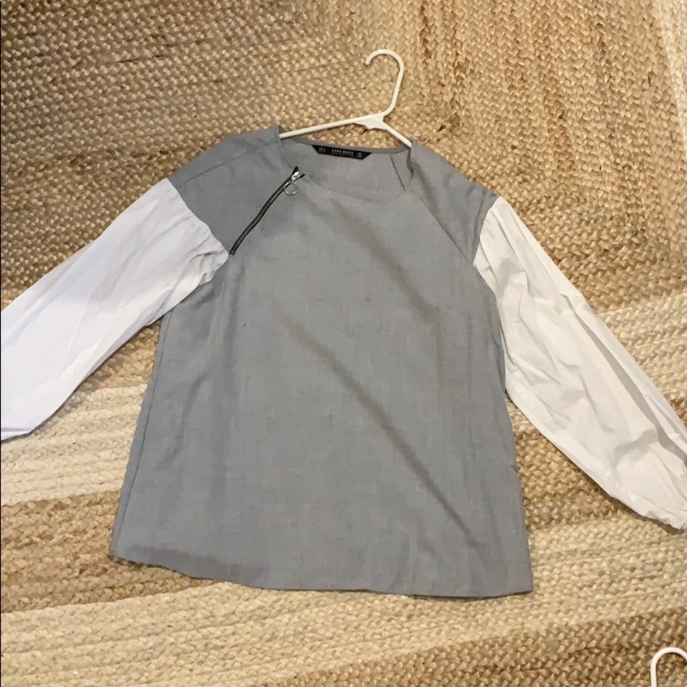 Zara Basic grey top with balloon white sleeves
